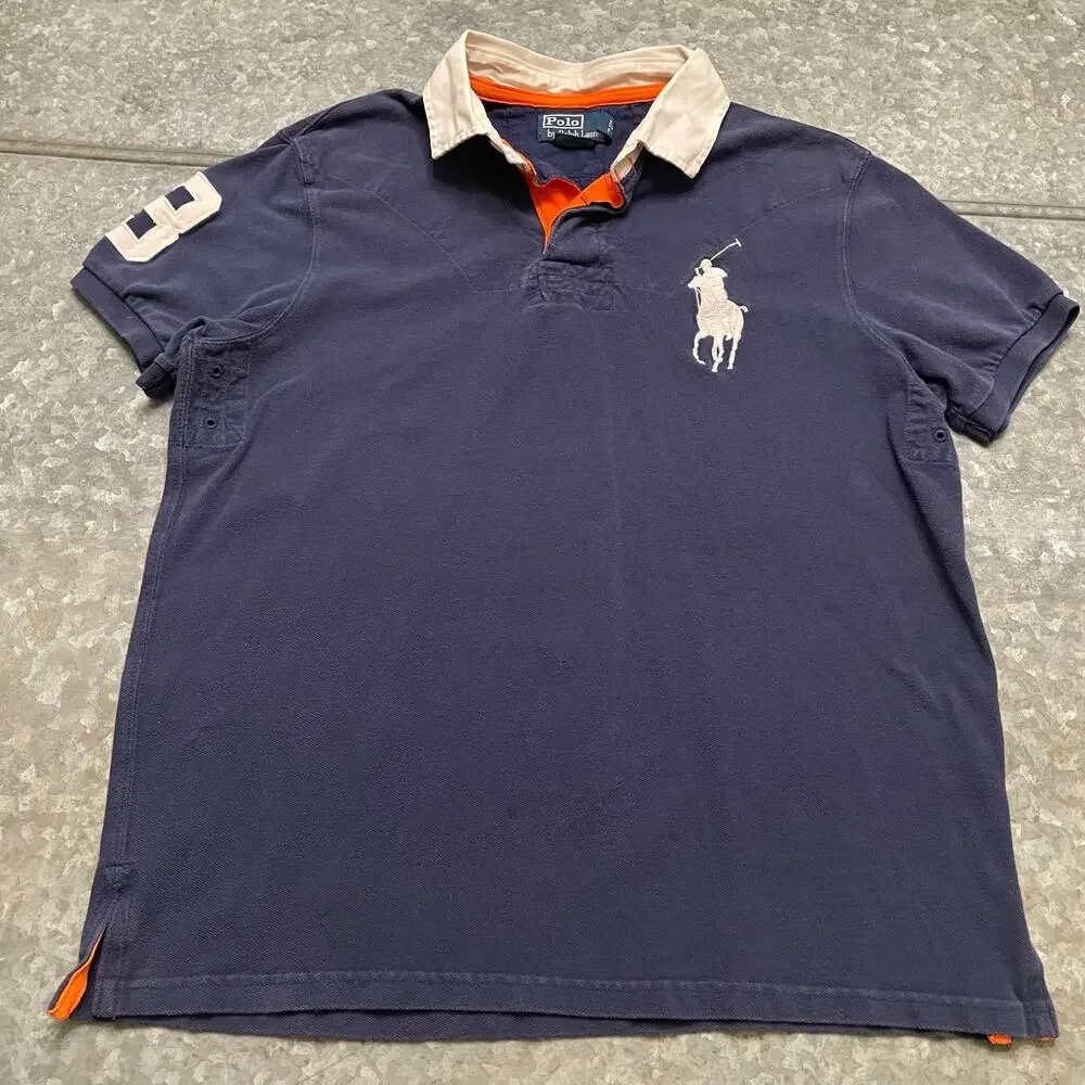 Vintage Polo Ralph Lauren Big Pony #3 Shirt Large Heavy Cotton Blue White Rugby